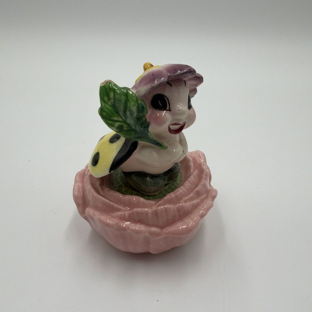 Vintage Anthropomorphic Ladybug on Pink Flower Salt & Pepper Shakers Japan